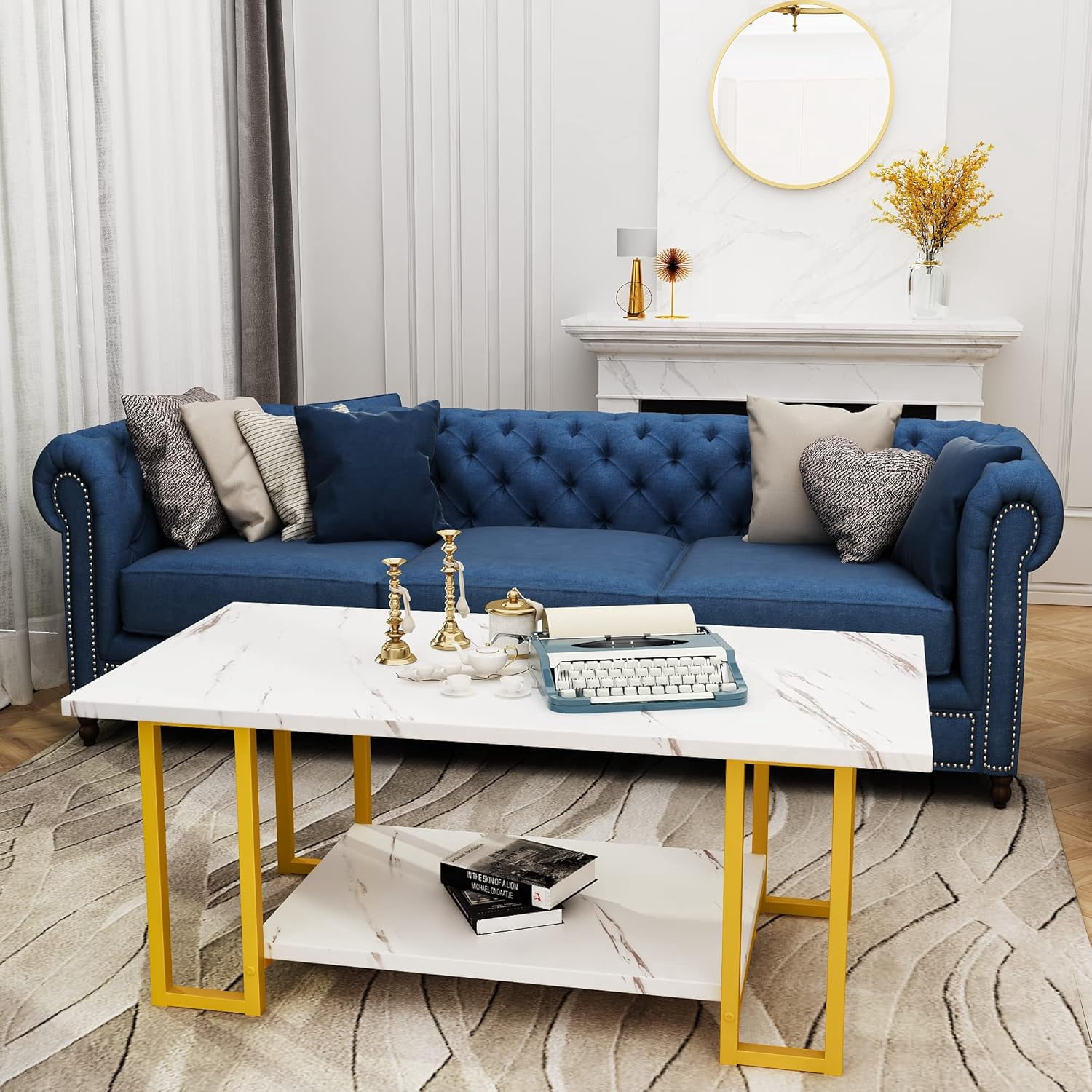 LinkRomat Modern Coffee Table, 40" Faux Marble Top Rectangular Coffee Table with Gold Metal Frame, 2 Tier Living Room Table for Living Room, Office, Balcony, White and Gold