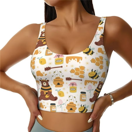 Jgfou Cute Bee Honey Jar Hive Bear Print Womens Sports Bra - Padded Workout Sports Bras Crop Tank Top