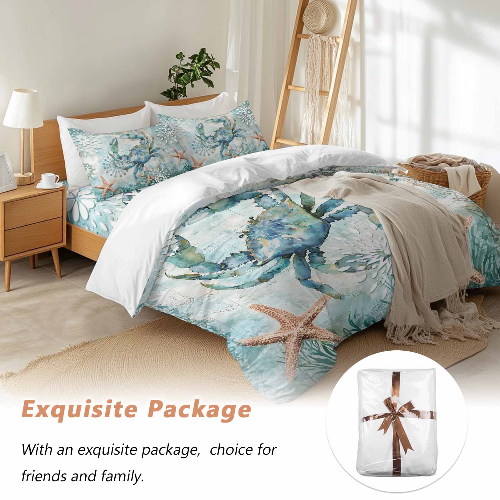 Retro Sea Crabs Bedding Duvet Cover Set Twin Size 4 Pieces Sea Stars Corals Ocean Animals Bedding Set with Zipper Closure, 1 Comforter Cover 68x86 Inches 1 Flat Sheet & 2 Pillow Cases