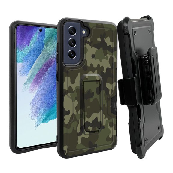 ANJ Rugged Dual Layer Hybrid Holster Kickstand Case w/ Card Slot Tempered Glass Cover for Samsung Galaxy S21 FE 5G - Green Army Camo