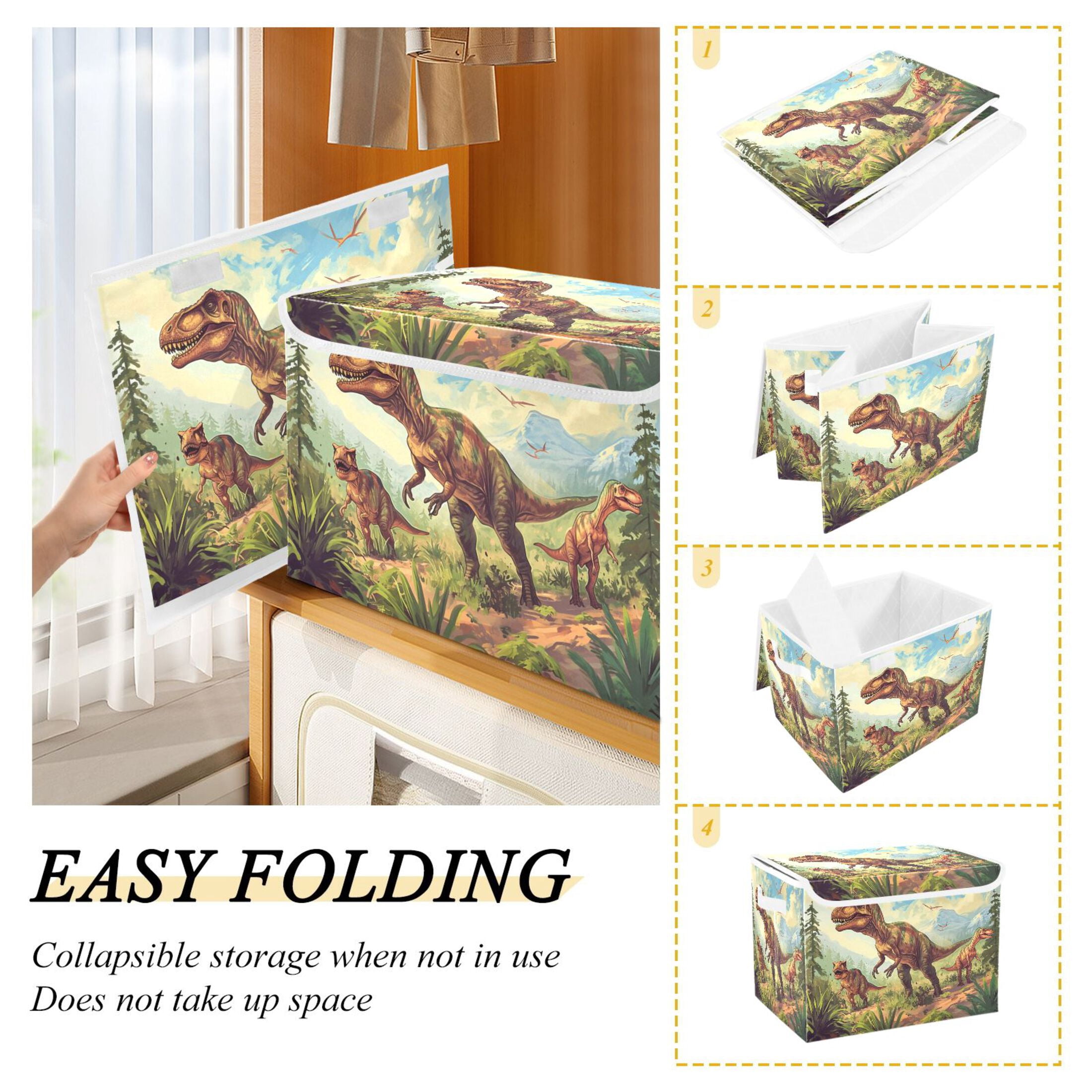 Ryvnso Dinosaur in Forest-a1 Large Lidded Foldable Storage Baskets Cubes Boxes Lids Bin for Home
