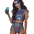 thumbnail image 1 of Women Rave Holographic Bodysuit, 2 Piece Metallic Silver For Dance Party Clubwear, 1 of 5