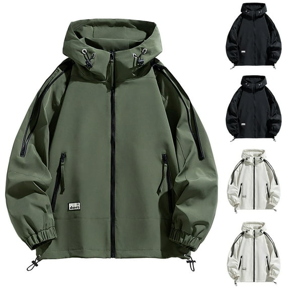 Zpanxa Men's Hooded Work Jacket Waterproof Windproof Reflective Trim Solid Color Long Sleeve Industrial Cold Weather Gear