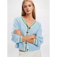 thumbnail image 6 of Women's Cropped Cardigan Sweaters Fall Long Sleeve Button Down Color Block Knit Outwear Coats Blue XL, 6 of 9