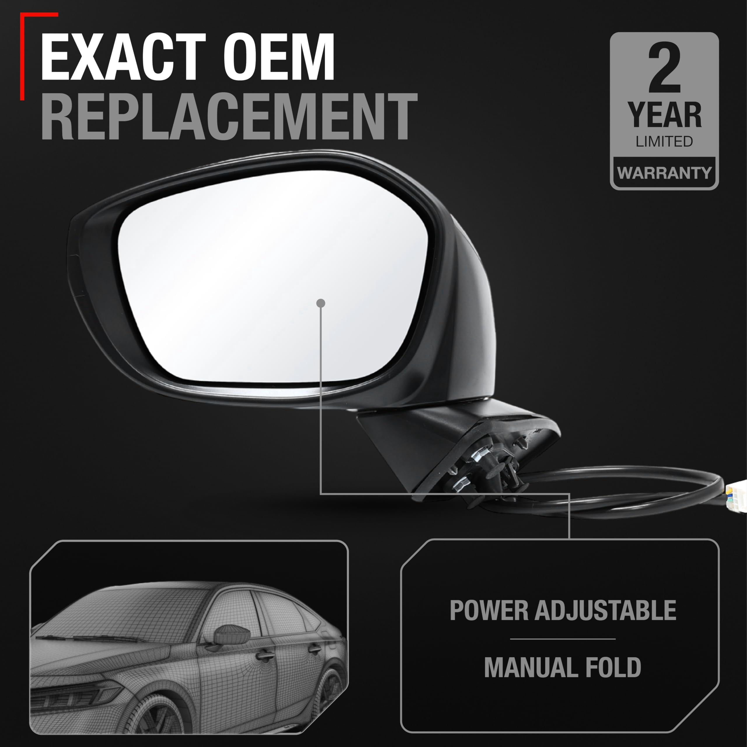 Driver Side Mirror Replacement - Compatible with 2022-2024 Honda Civic - Powered Adjustment, Manual Fold, Flat Glass - Smooth Black, 8H3P - OEM 76258T20A01, 76258T20A02, 76251T20, HO1320350