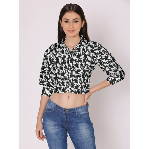 DressBerry Women's Printed Cotton Crop Shirt 3/4Th Puff Sleeves High Waist Buttoned Collared Smocked Style Casual Summer Daily Wear Top