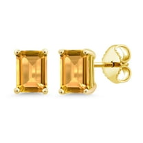 Gem Stone King 18K Yellow Gold Plated Silver Yellow Citrine Stud Earrings for Women Men (1.74 Cttw, Gemstone Birthstone, Emerald Cut 7X5MM)
