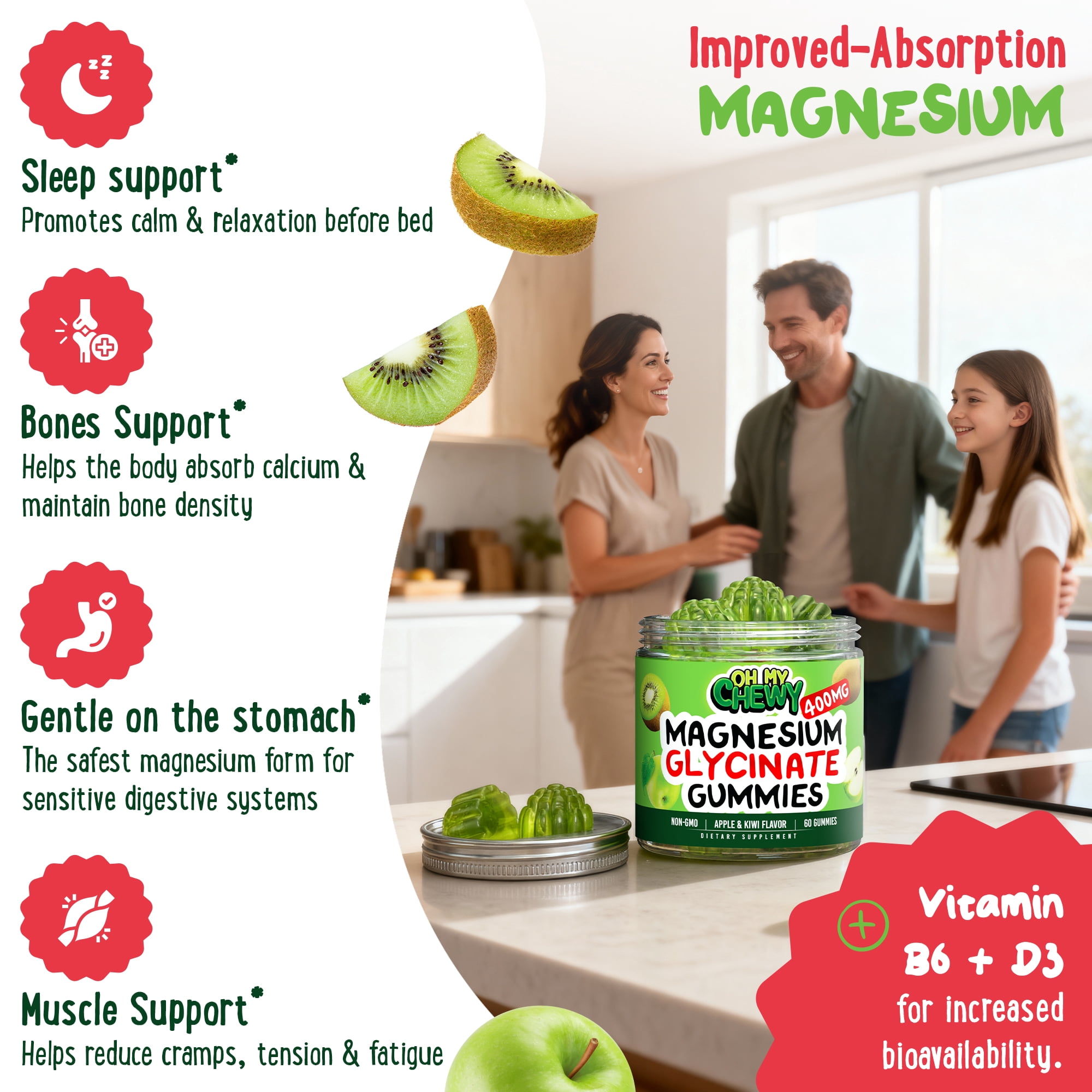 Center-Filled Magnesium Glycinate Gummies 400MG - High Absorption for Kids, Teens & Adults - Supplement for Sleep, Calm & Muscle Relaxation with B6 & D3 - Gluten Free & Vegan Friendly - 60 Count