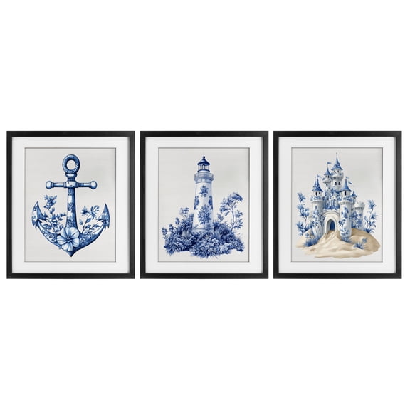 Ornate Nautical Toile Patterns 3 Piece Black Framed Print Under Glass Set, design by Lettered and Lined