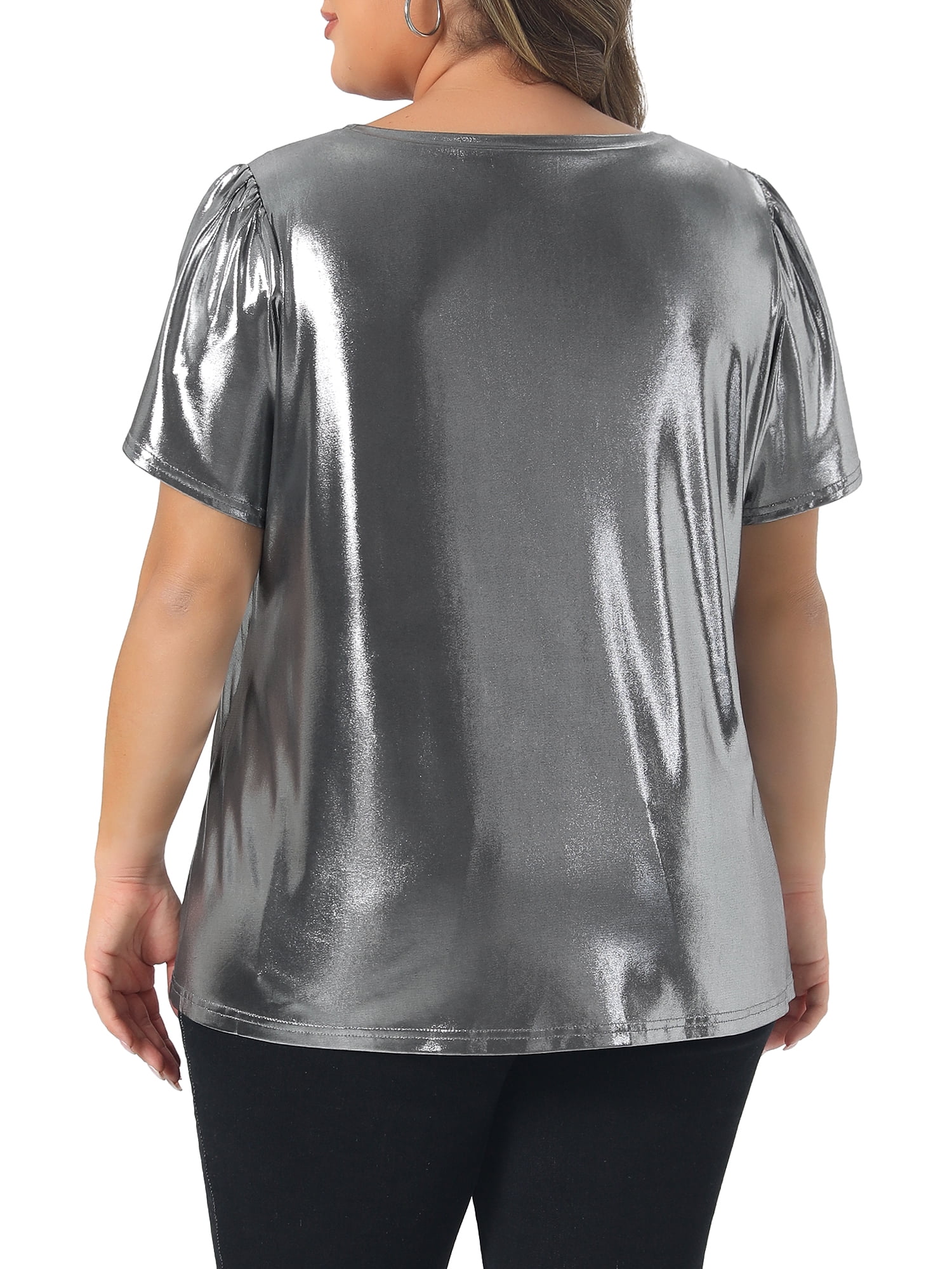 DARING DIVA Women's Plus Metallic Crew Neck Short Sleeve Tops 2X Silver