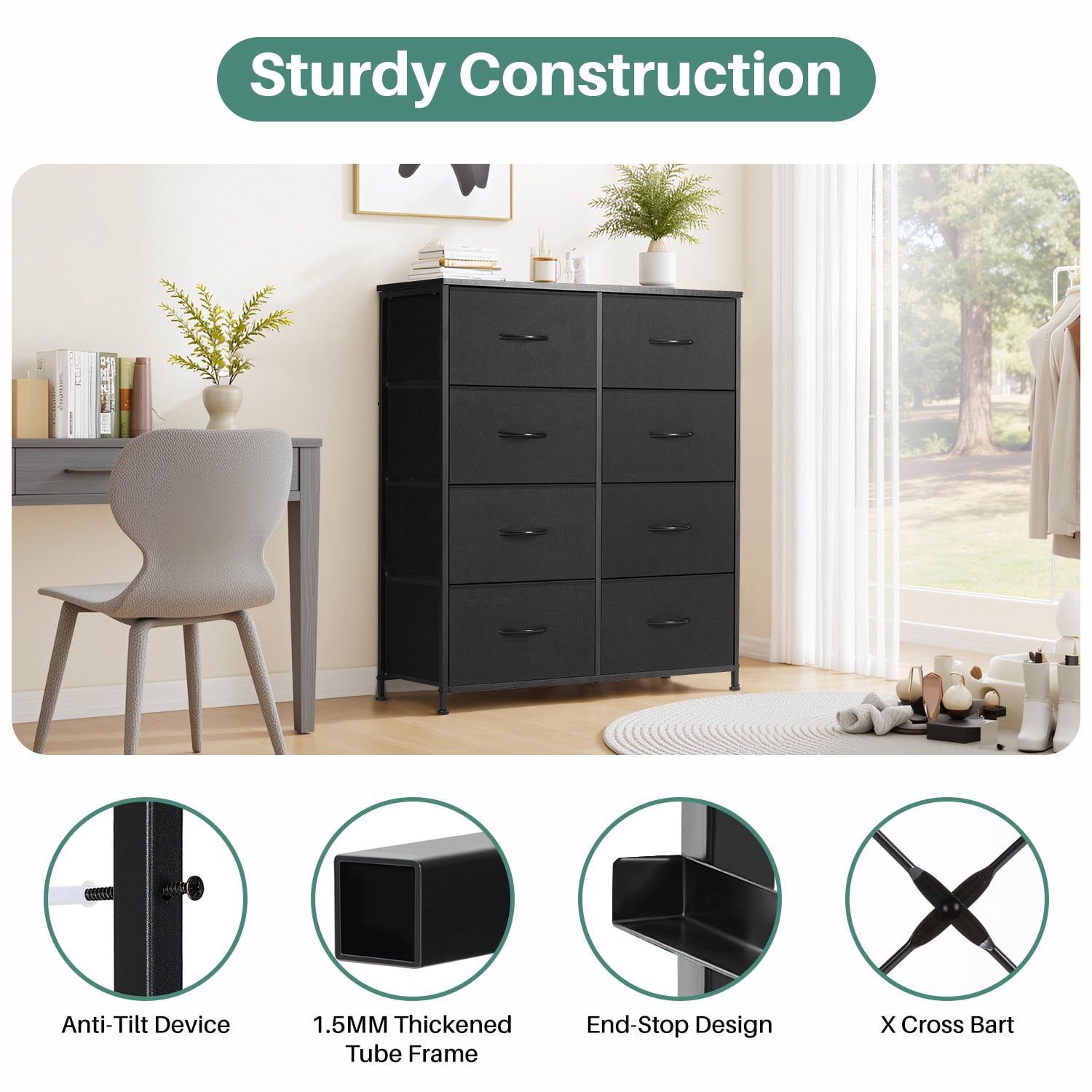 TINKLE WELL 8 Drawers Dresser for Bedroom with Metal Frame, Wood Tabletop, Storage Chest Drawers, Black