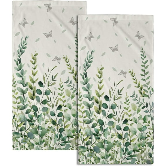 Sage Green Eucalyptus Hand Bath Towel Watercolor Leaves Butterfly Soft Absorbent Washcloths Nature Themed Leaf Plants Bathroom Decor Spring Botanical Kitchen Tea Dish Towels for Home Hotel 2 Pack