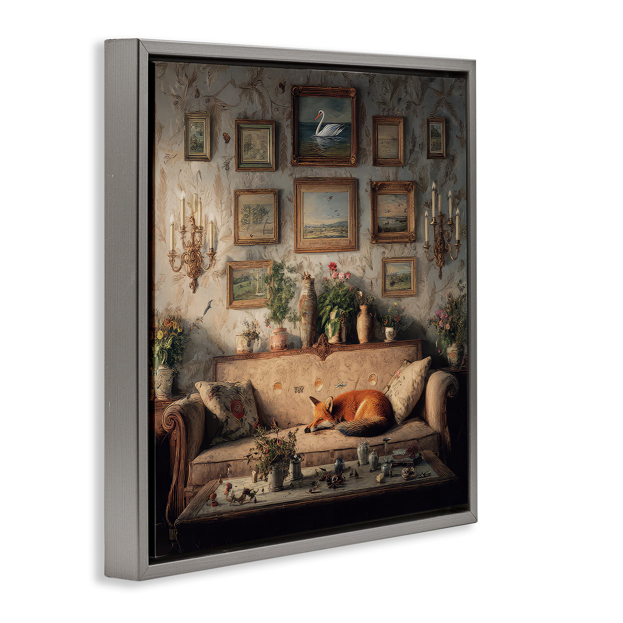 Stupell Industries Vintage Parlor with Fox Gray Framed Floater Canvas Wall Art, design by The Wands Want