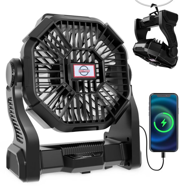 Ventilador portátil recargable para acampar Eloslos de 10 pulgadas con linterna LED