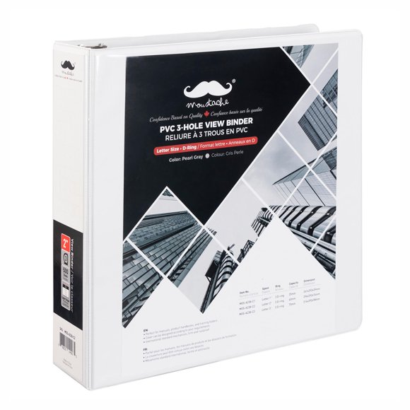 Moustache PVC 3-Hole View Binder, Letter Size, White - 2" D/3" D