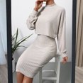 thumbnail image 4 of Quixlent 2 Pcs/Set Women Top Dress Suit Mock Collar Thread Long Sleeve Sweater V Neck Sheath Slim Fit Sleeveless Solid Color Midi Dress Commuting Dating Outfit, 4 of 8