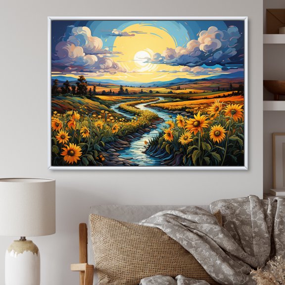Designart "French Sunflower landscapes Country Charm IV" Floral Floater Framed Canvas Wall Art