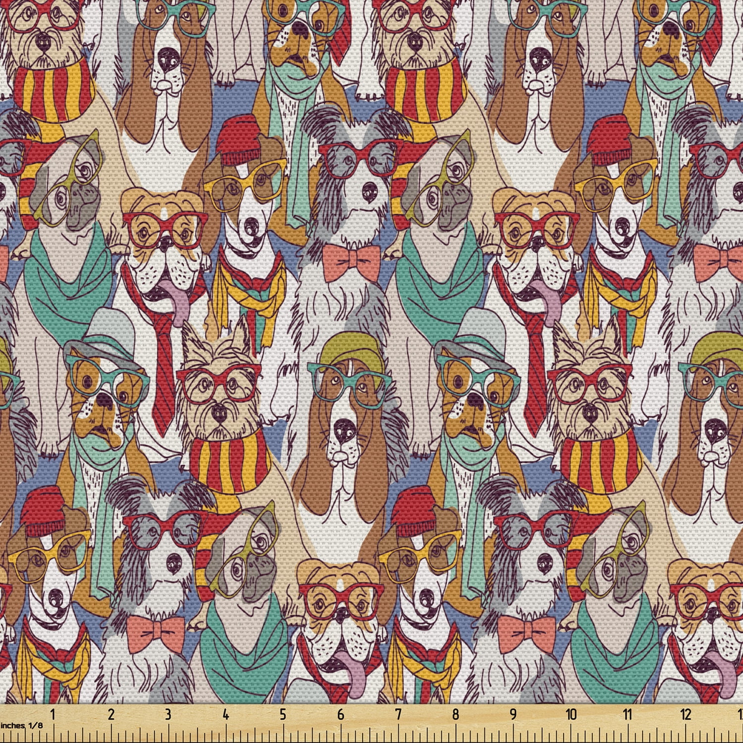 Dog Upholstery Fabric by the Yard Hipster Bulldog Schnauzer Pug Breeds
