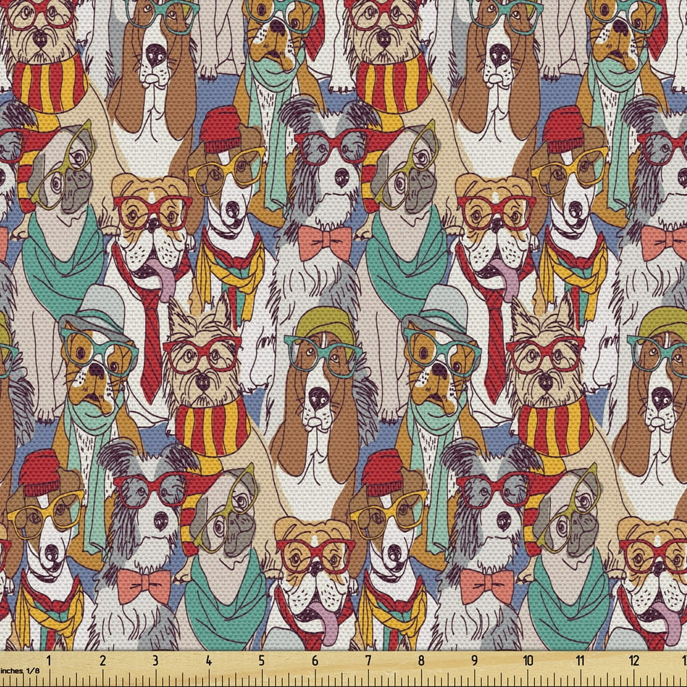 Dog Upholstery Fabric by the Yard, Hipster Bulldog Schnauzer Pug Breeds