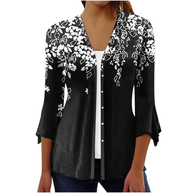 Womens Summer Lightweight Cardigans 3/4 Sleeve V Neck Button Down Cardigans Cover Up Tops Soft Floral Beach Blouses