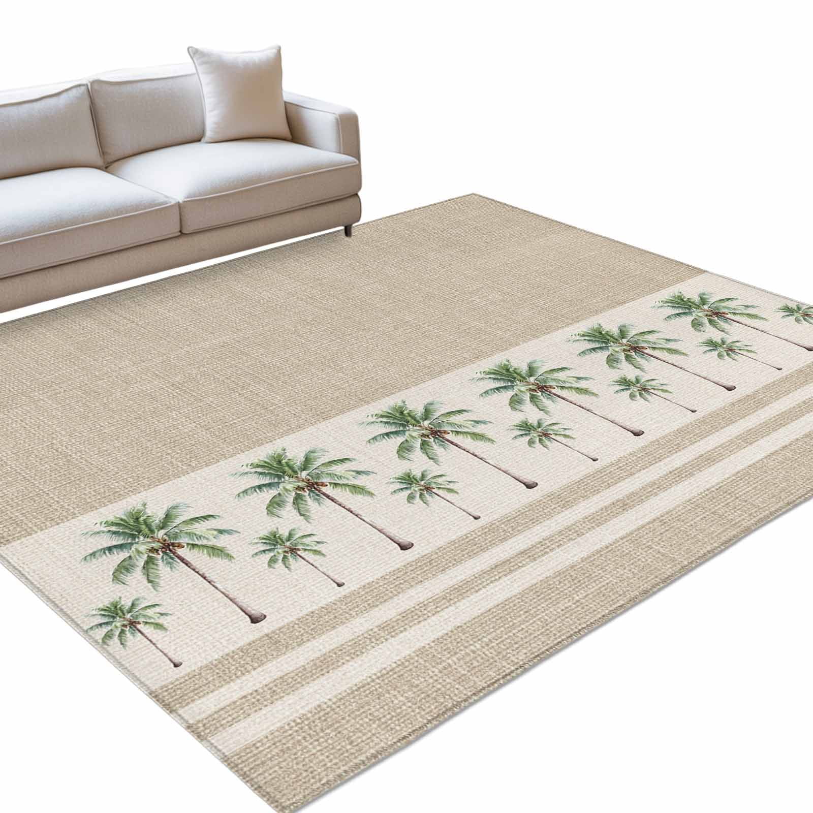 Area Rug 3x5ft Coastal Green Palm Trees on Vintage Linen Washable Rugs for Living Room Bedroom Tropical Pants Soft Non-slip Area Rugs Rectangle Floor Carpet for Dining Room