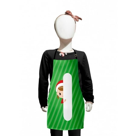 

Christmas Alphabet Kids Apron Print of a Girl Posing Behind a Letter I in a Santa Costume Boys Girls Apron Bib with Adjustable Ties for Cooking Baking Painting Green Dark Coral White by Ambesonne
