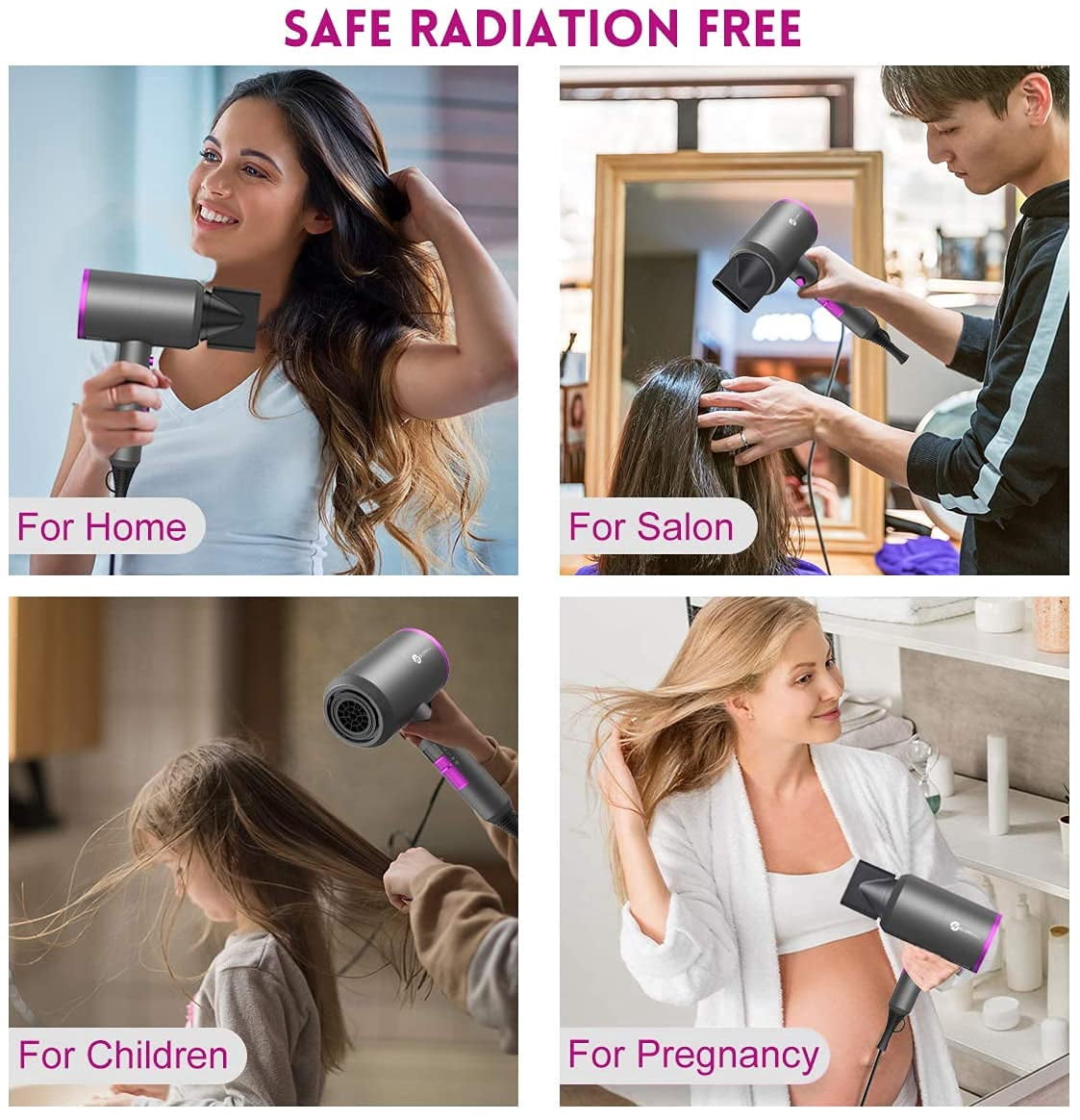 Professional Ionic Hair Dryer, Powerful 1800W Fast Drying Low Noise Blow Dryer with 2 Concentrator Nozzle 1 Diffuser Attachments for Home Salon Travel