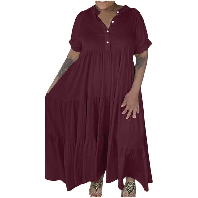 Robes Maxi d'Été pour Femmes 2023 Décontracté Décontracté Robe à Col Rond Manches Courtes Col Rabattu Femmes Uni Robe pour Femme Longues Robes Robe à Manches Courtes en Liquidation