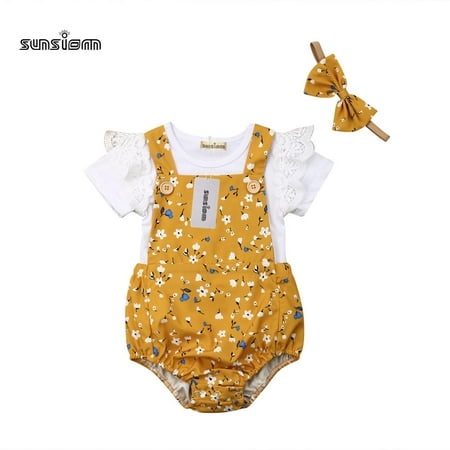 

Carolilly New Baby Girl Summer Clothes Set Lace Ruffle Sleeve Romper +Floral Overalls Shorts+Handband Outfits 0-18