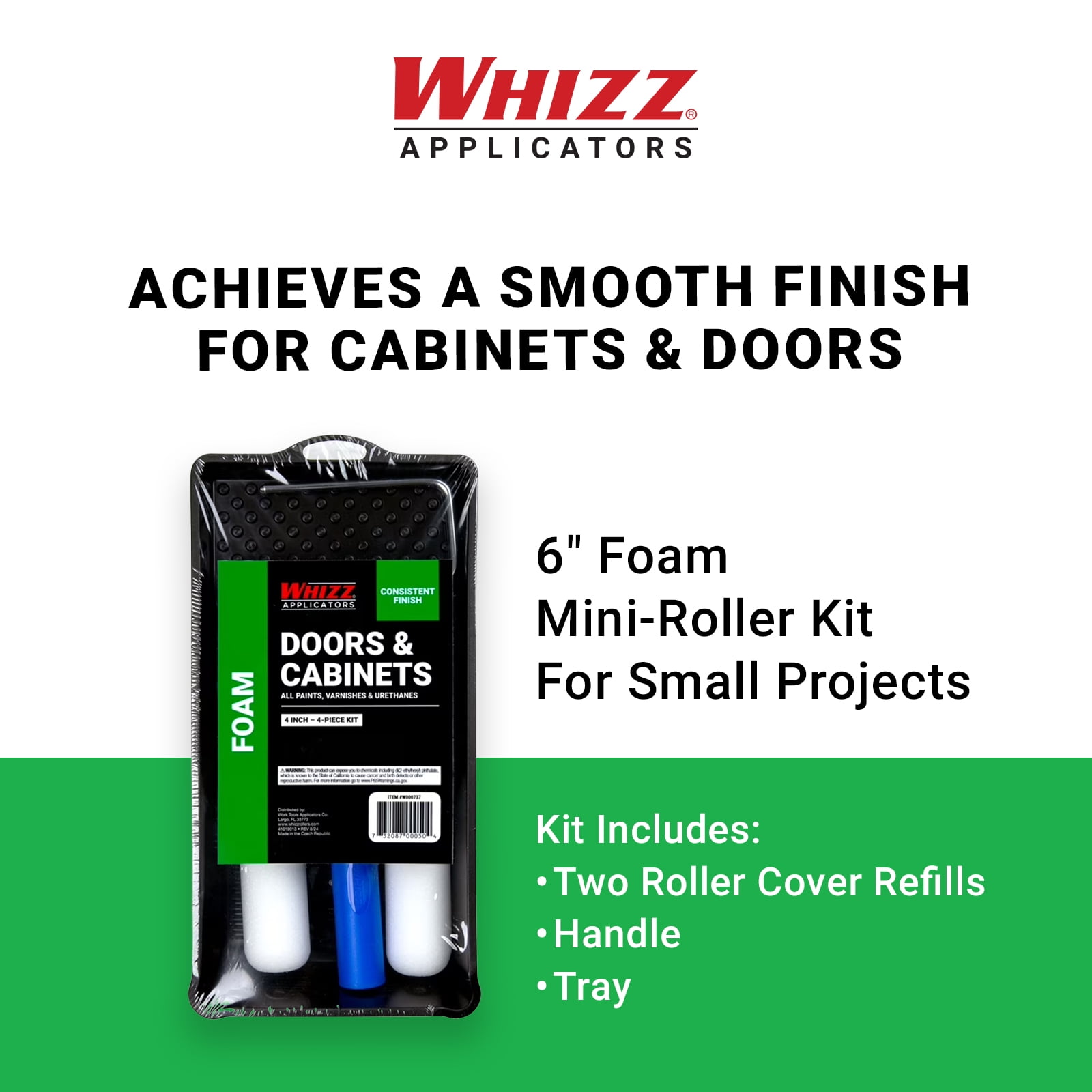 WHIZZ 4" Foam Mini Paint Roller Kit for Cabinets and Doors