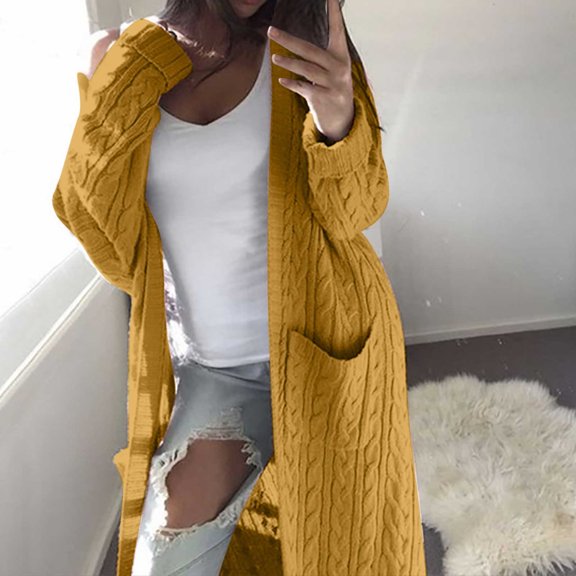 Lilgiuy Women's Casual Solid Color Knitted Sweater Cardigan Pocket Top Blouse Yellow，6（M） Winter Fashion 2022