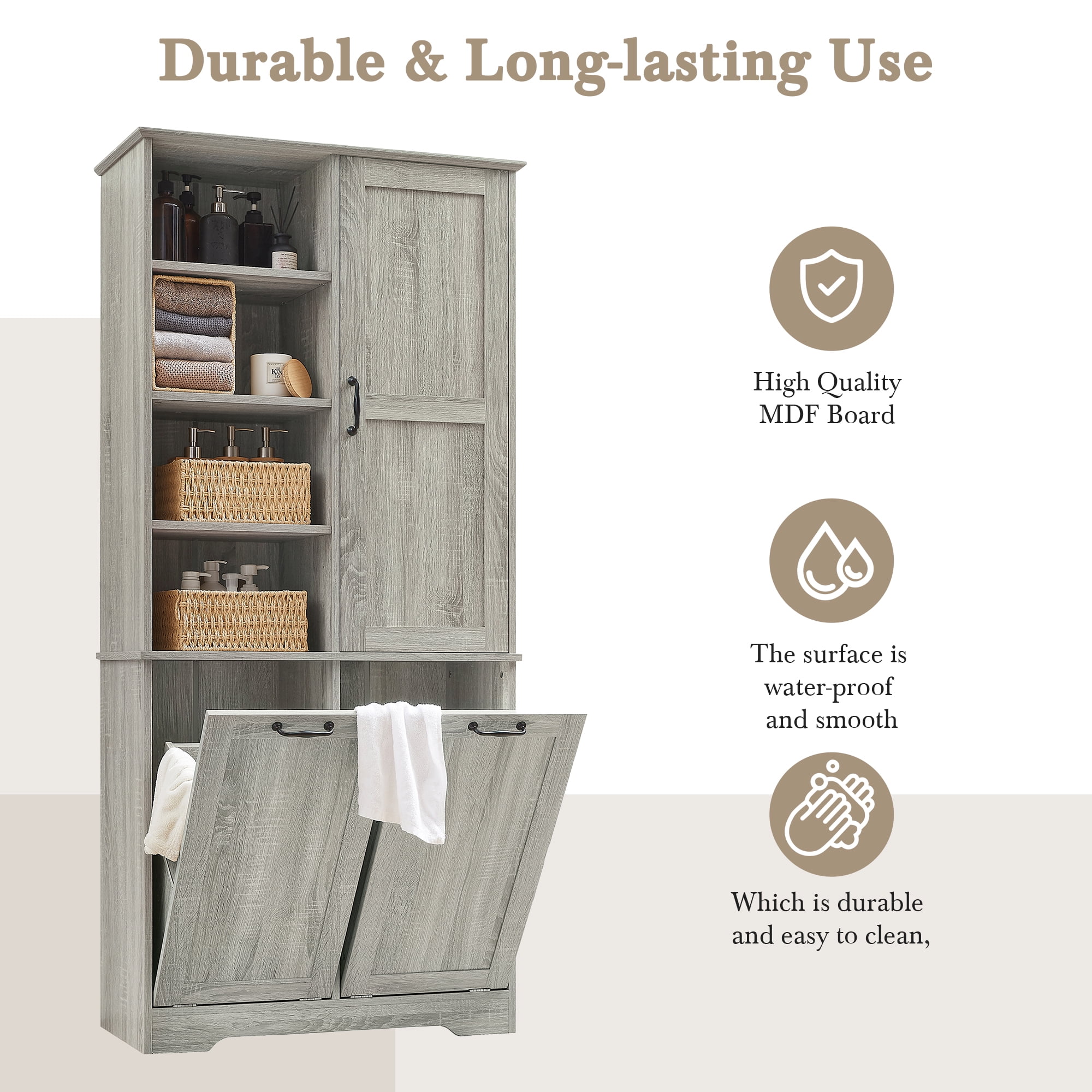 Aukfa Tall Storage Cabinet with 2 Tilt-Out Laundry Baskets,Freestanding Organizer for Bathroom, Laundry Room, Space-Saving Closet,Oak