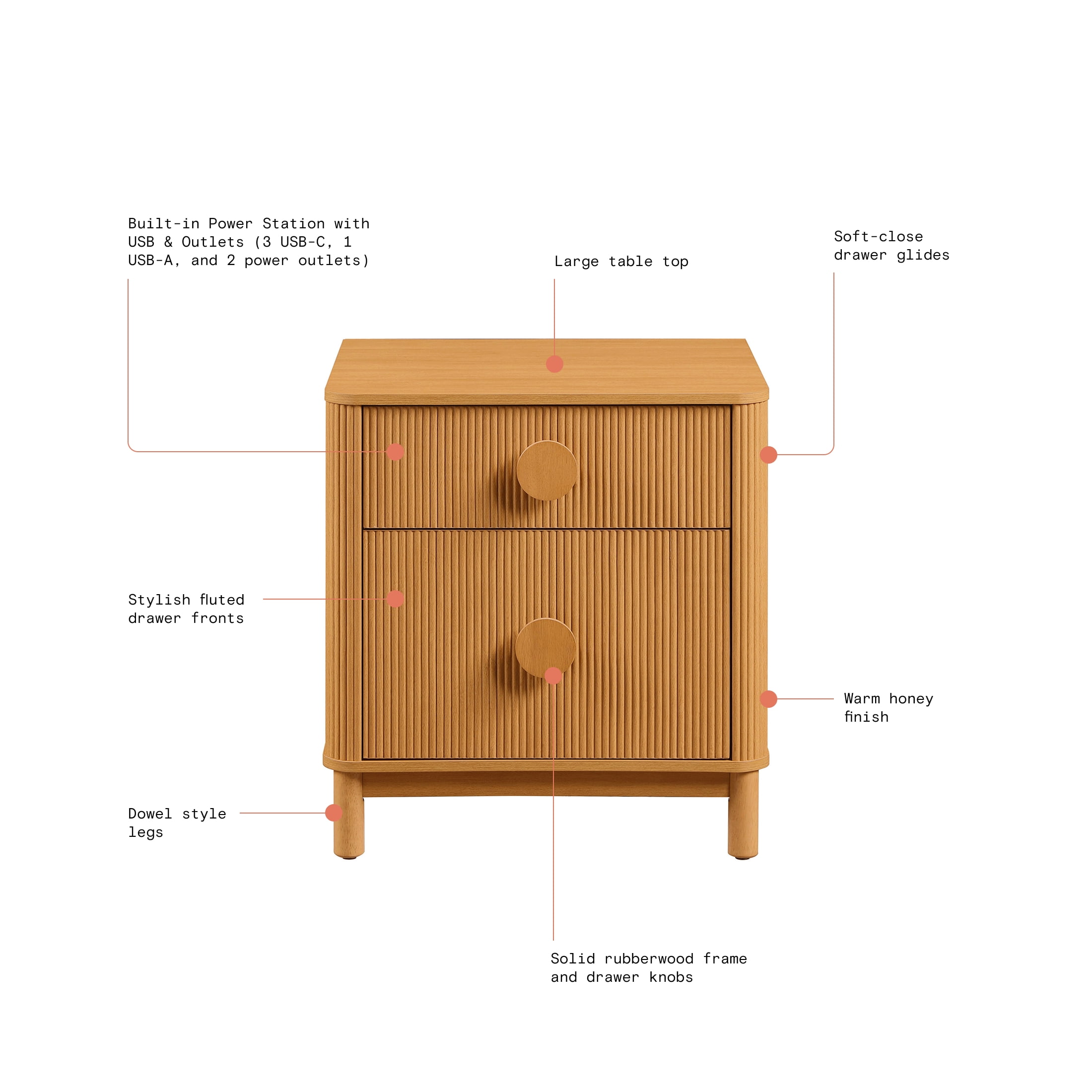 Beautiful 2-Drawer Fluted Nightstand with Teched Away by Drew Barrymore, Warm Honey Finish, Adults and Teens