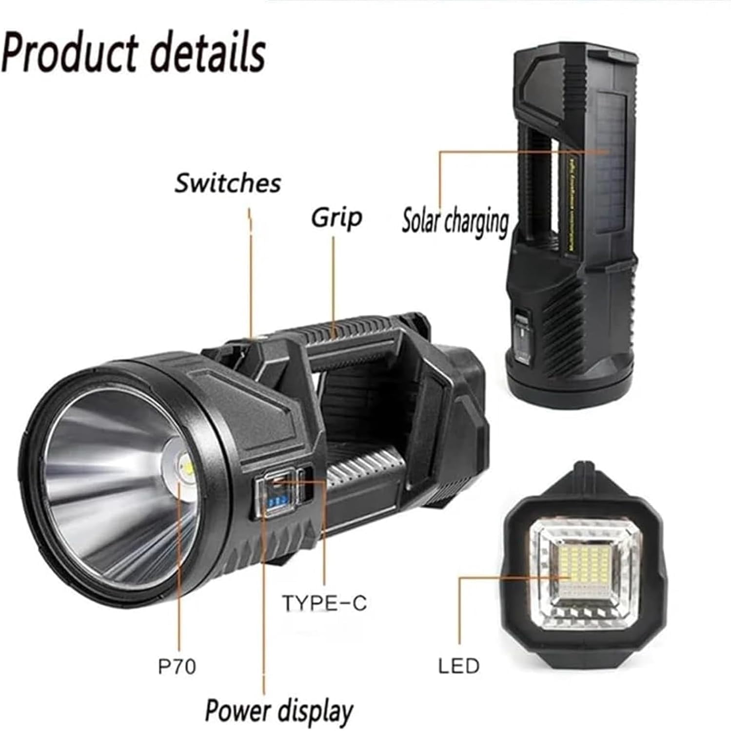 New German 1000000 lumens Waterproof Spot Lights Handheld Large searchlight, Asaruley Light, Spot Lights Outdoor Handheld, Rechargeable Solar Tactical Flashlight