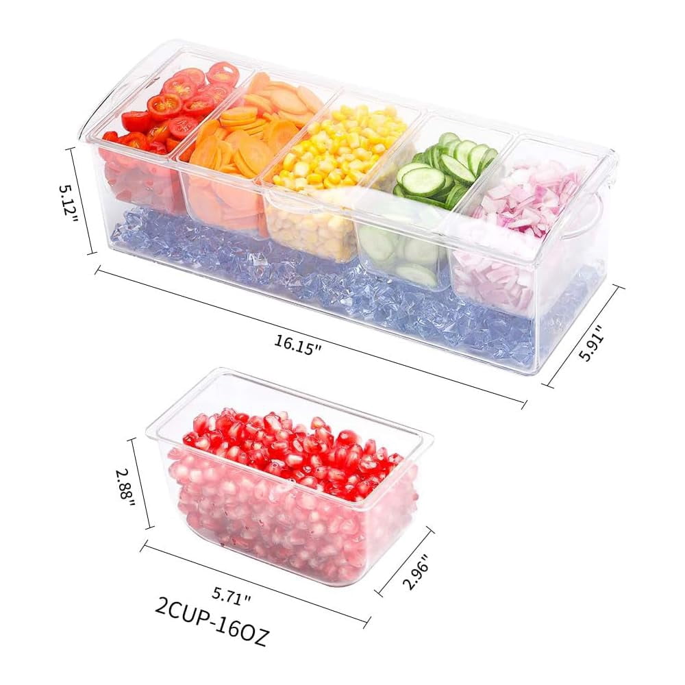 Condiment Server Tray with Lid, 5 Compartment Chilled Garnish Holder