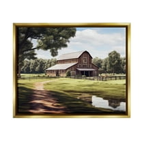 Stupell Industries Farmhouse Barn & Stream Landscape Painting Gold Floater Framed Canvas Art Print Wall Art, 31 x 25
