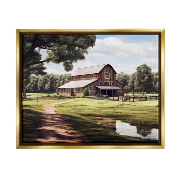 Stupell Industries Farmhouse Barn & Stream Landscape Painting Gold Floater Framed Canvas Art Print Wall Art, 31 x 25