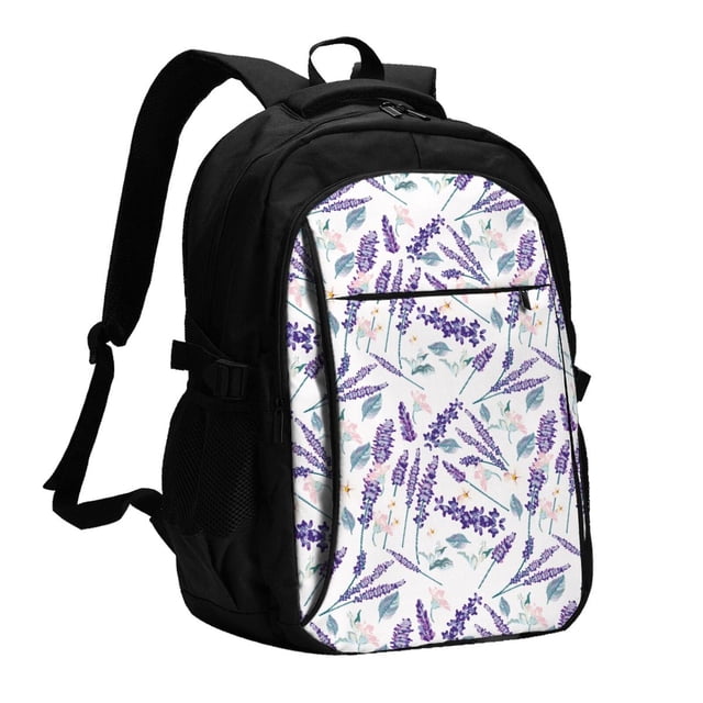 Balery Lavender Flowers Mochila con carga USB para hombre y mujer - Mochila impermeable y antirrobo para laptop con puerto USB para viajes, trabajo
