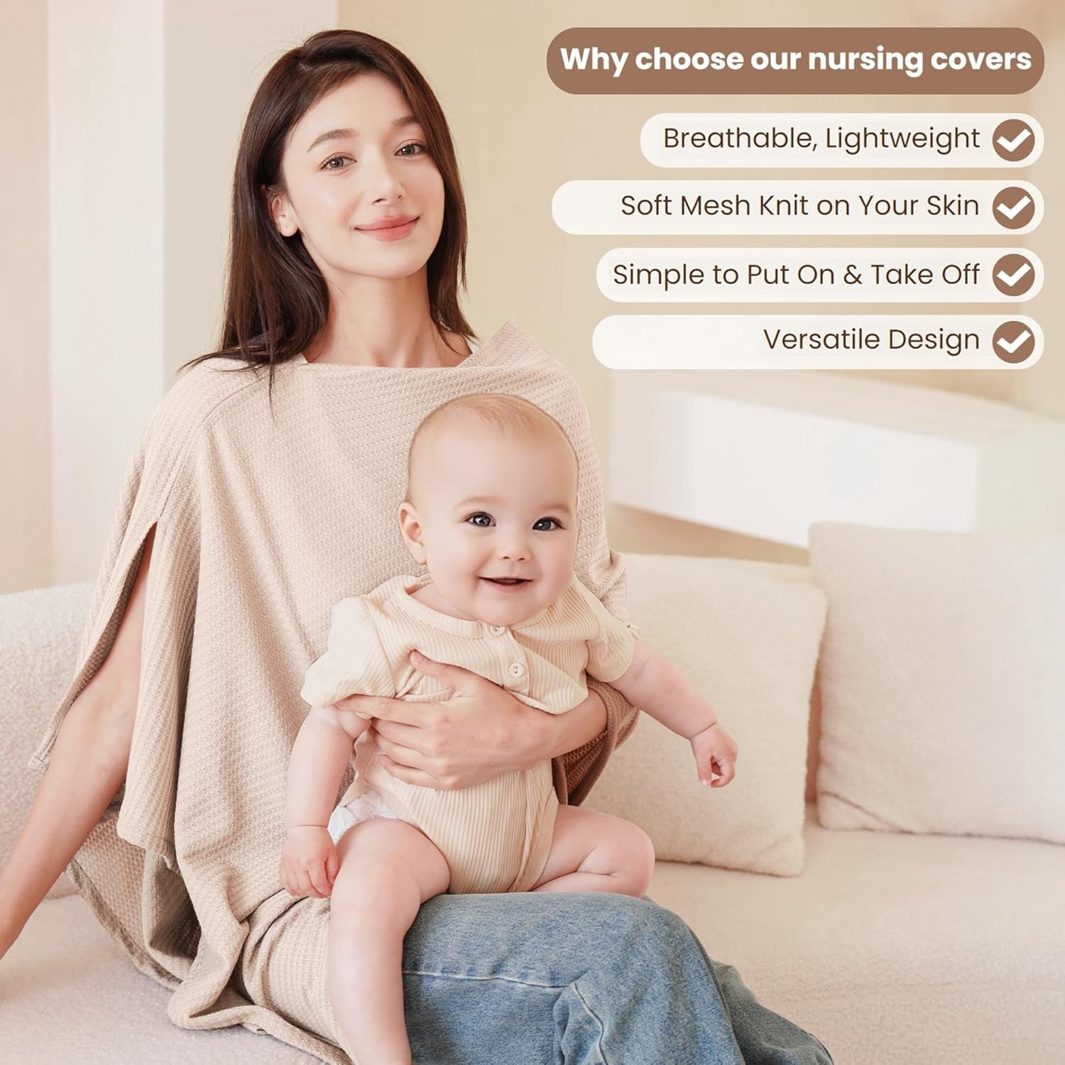 Nursing Cover for Breastfeeding, Soft & Breathable Privacy Poncho, Multi-Use Feeding Shawl, Comfortable & Portable Breastfeeding Cover for Women (Beige)