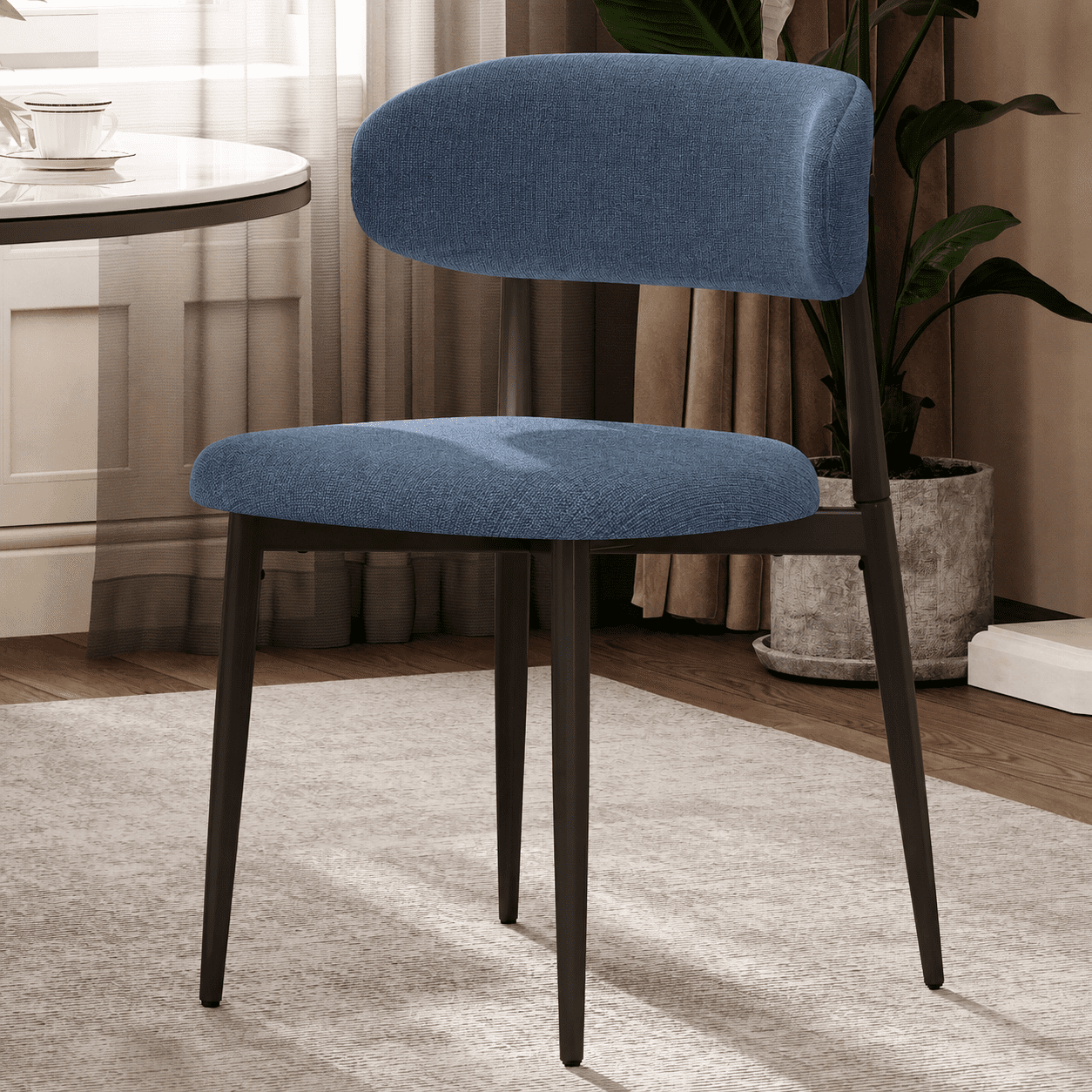Dining Chairs Set of 2, Metal Kitchen Chairs with Modern Linen Fabric Upholstered for Dining Room, Navy Seat