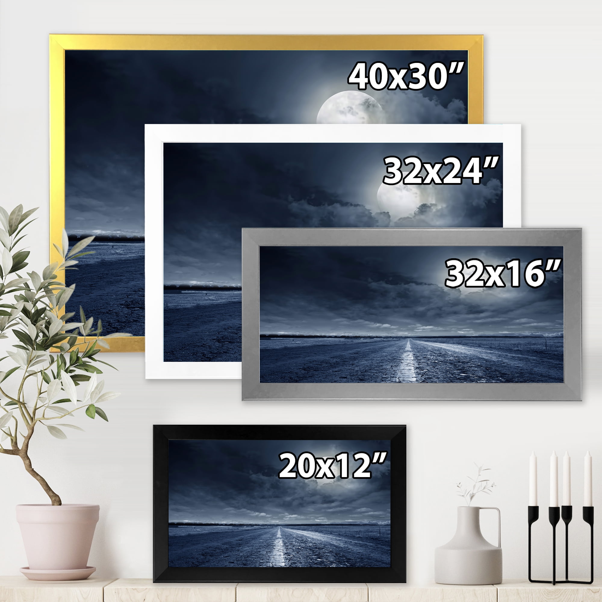 Designart 'Cloudy Full Moon Over Asphalt Road I' Nautical & Coastal Framed Art Print
