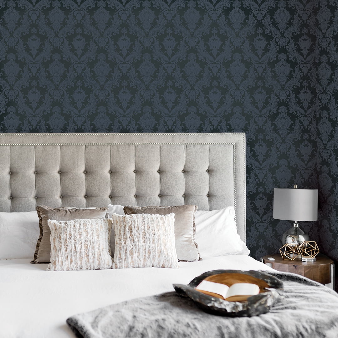 Tempaper Textured Damask Black Peel and Stick Damask Wallpaper, 20.5" x 16.5'
