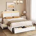 thumbnail image 1 of Fabato Base Cama Matrimonial - 4 cajones de Almacenamiento - Cabecera Matrimonial con Luces Led, 1 Puerto USB, 1 Puerto C - 13 Soportes de Metal y topes Antideslizantes (Blanco), 1 of 7