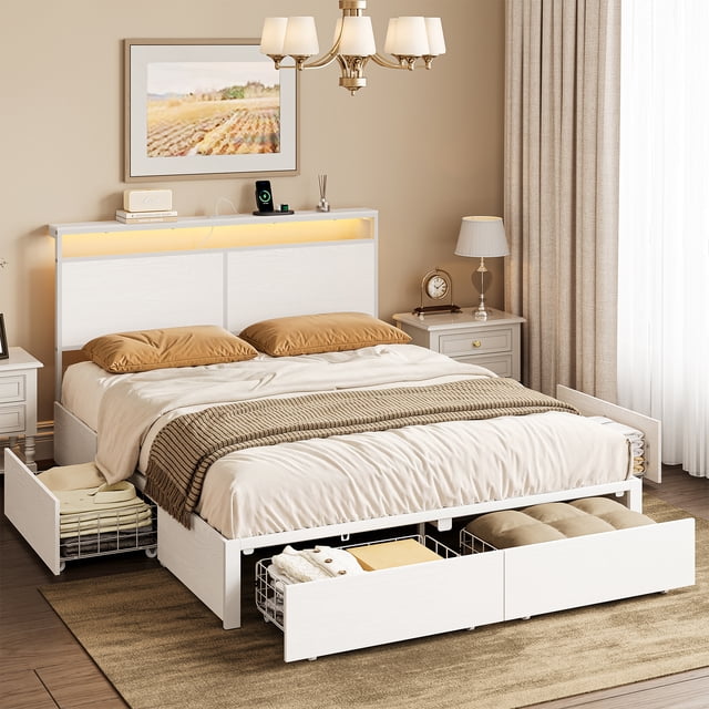 Fabato Base Cama Matrimonial - 4 cajones de Almacenamiento - Cabecera Matrimonial con Luces Led, 1 Puerto USB, 1 Puerto C - 13 Soportes de Metal y topes Antideslizantes (Blanco)
