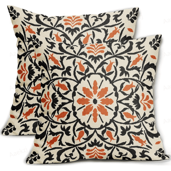 Aaekzj Black Burnt Orange Boho Pillow Covers 16x16 Inch Bohemian Ethnic Carpet Style Vintage Flower Print Decorative Throw Pillows Outdoor Linen Cushion Case Farmhouse Decor Set of 2