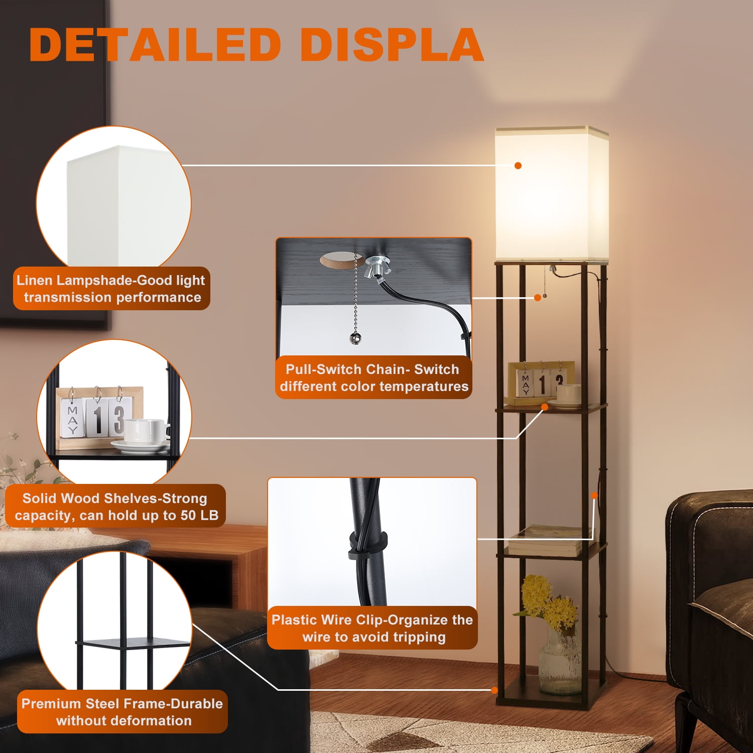 Vesteel Floor Lamp with 3-Tier Shelves, Standing Lamp with 3 Color Adjustable LED Bulb & Linen Lampshade, Modern Square Lamp for Living Room Bedroom Office Kid Room