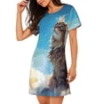 thumbnail image 2 of Honeii Blue Sky Winged Cat Print Women's Loose Short Sleeve Nightgown, Soft Cotton Sleepwear, Comfy Loose Fit Pajama Dress for Sleep and Lounge, 2 of 6