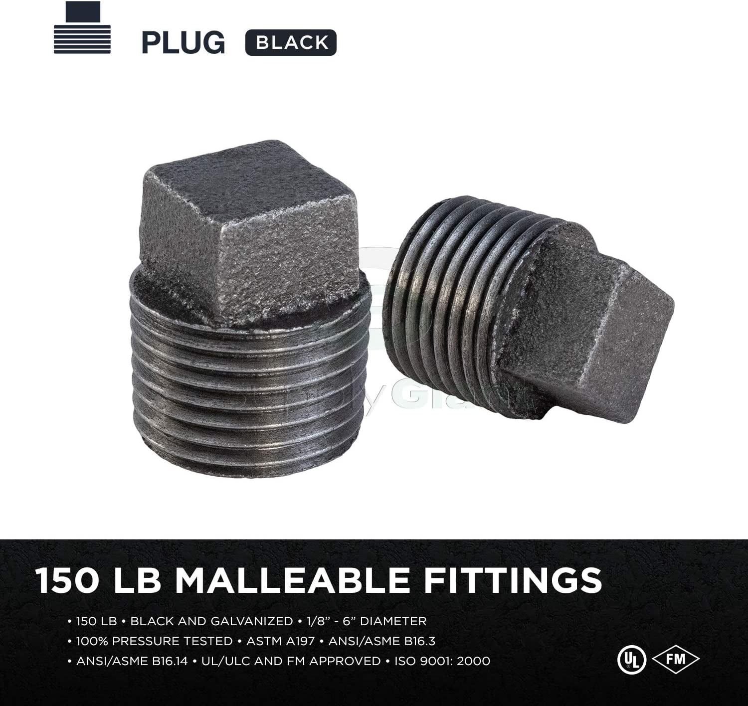 Supply Giant BMPL0120 Black Malleable Iron Plug with Square Head, 1/2"