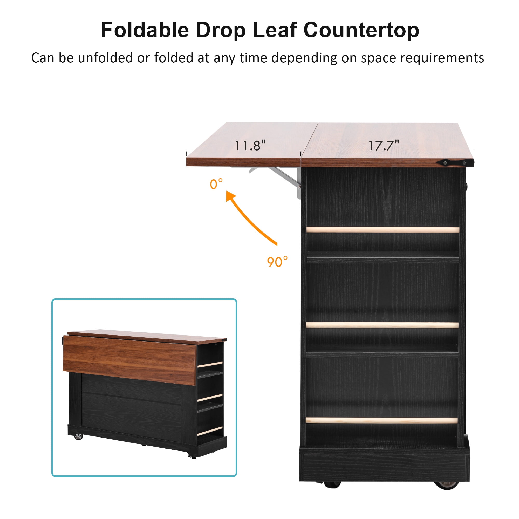 53" Farmhouse Kitchen Island with Tempered Glass Doors, Power Outlets, Drop-Leaf Tabletop, 5 Open Side Shelves & 3 Drawers, Rolling Kitchen Cart for Dining Room, Black