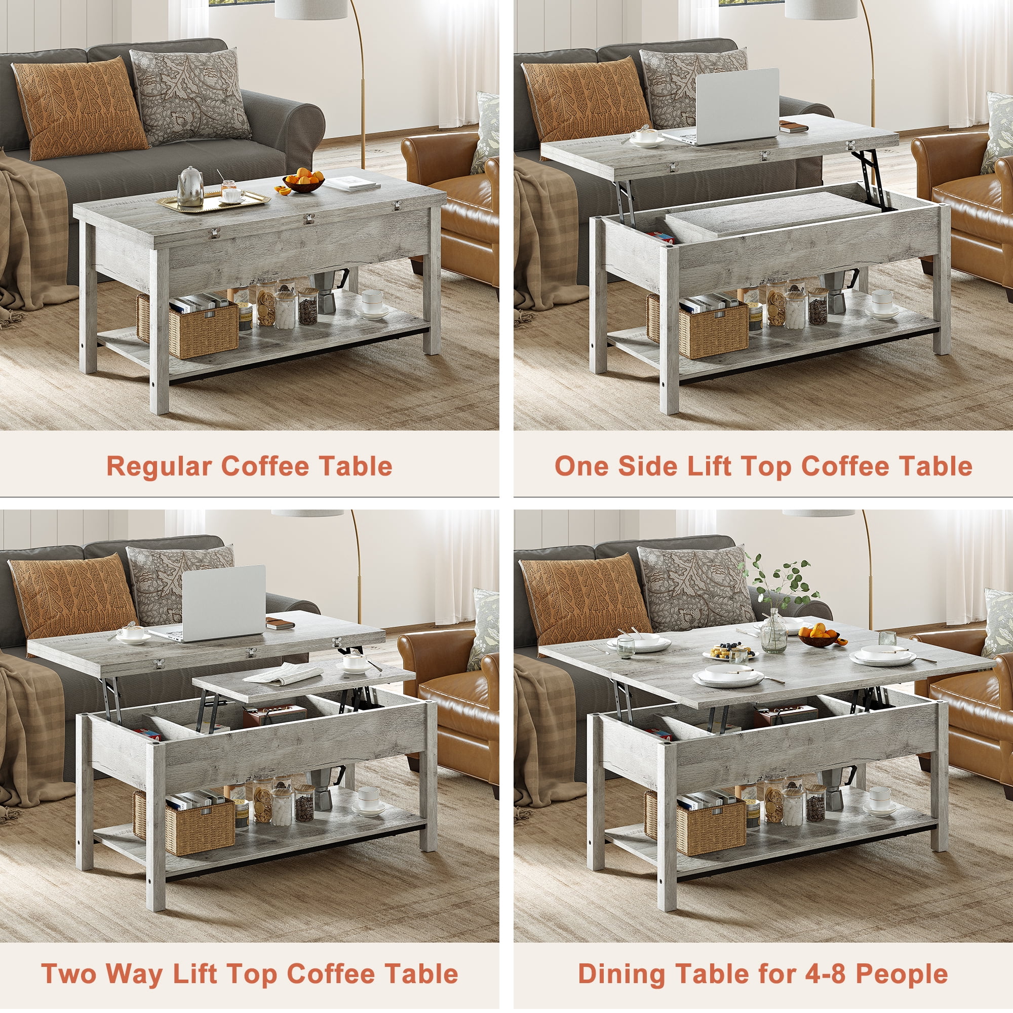 GUNAITO Lift Top Coffee Table 4 in 1 Multi-Function Convertible Coffee Table with Storage, Modern Coffee Table Converts to Dining Table for Living Room, Grey